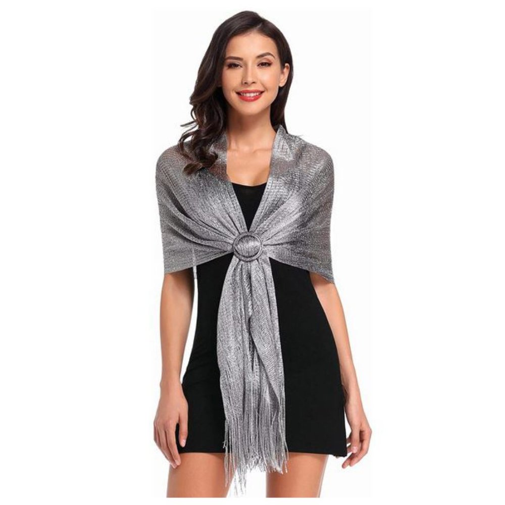 SPARKLING Grey Metallic Dressy SHAWL Scarf WRAP
